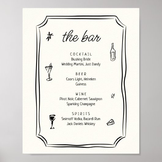 Whimsical Hand getrokken Franse bruiloft Bar Menu Poster (Voorkant)