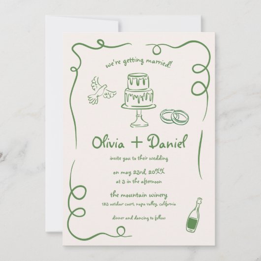 Whimsical Hand getrokken Franse groene details bru Kaart (Voorkant)