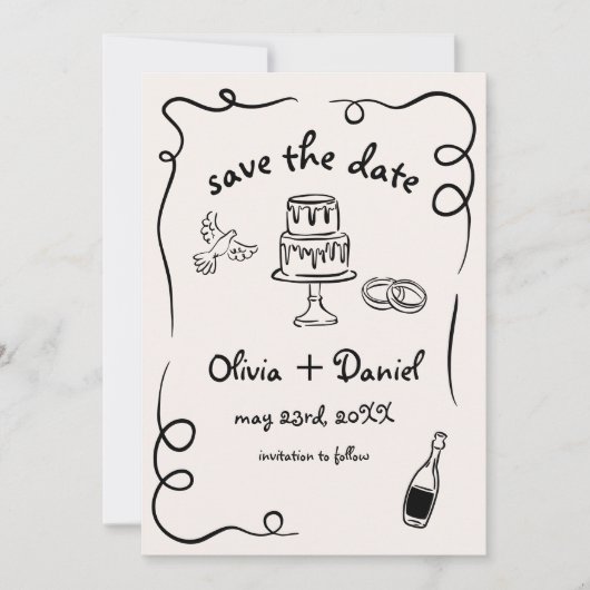 Whimsical Hand getrokken Funky bruiloft foto Save The Date (Voorkant)