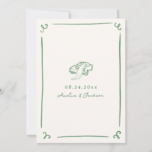 Whimsical Hand Getrokken Groen Sla de Datum op Kaart (Achterkant)