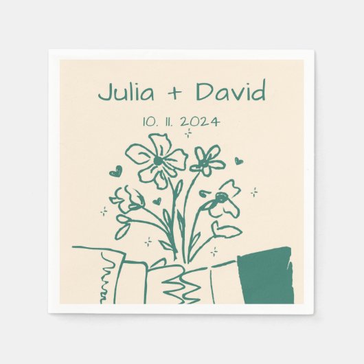 Whimsical Hand getrokken Groene Bloemen Bruiloft Servet (Voorkant)