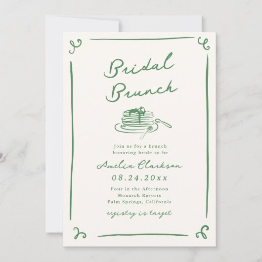 Whimsical Hand getrokken groene bruids brunch Kaart (Voorkant)