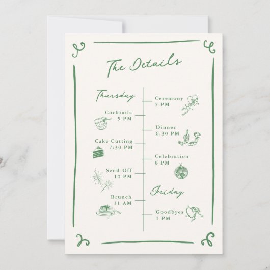 Whimsical Hand getrokken groene bruiloft details Kaart (Voorkant)