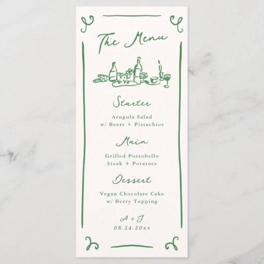 Whimsical Hand getrokken Groene Bruiloft Menu (Voorkant)