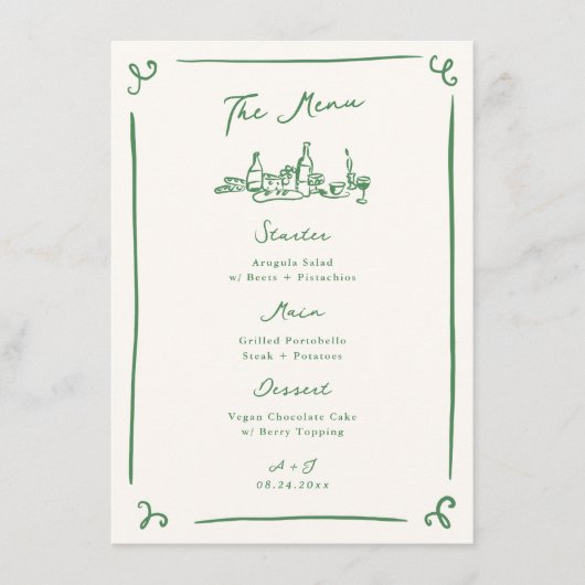 Whimsical Hand getrokken Groene Bruiloft Menu (Voorkant)