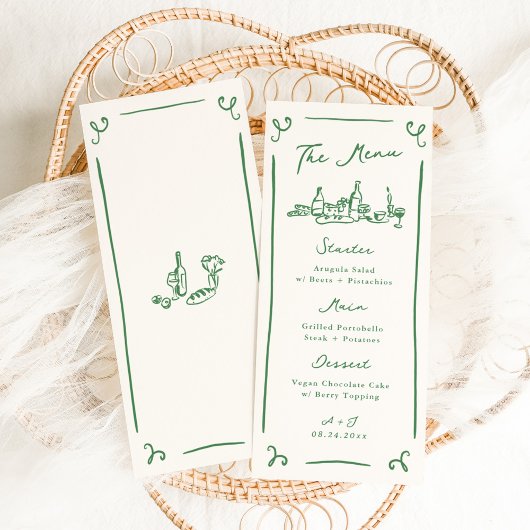 Whimsical Hand getrokken Groene Bruiloft Menu