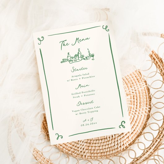 Whimsical Hand getrokken Groene Bruiloft Menu