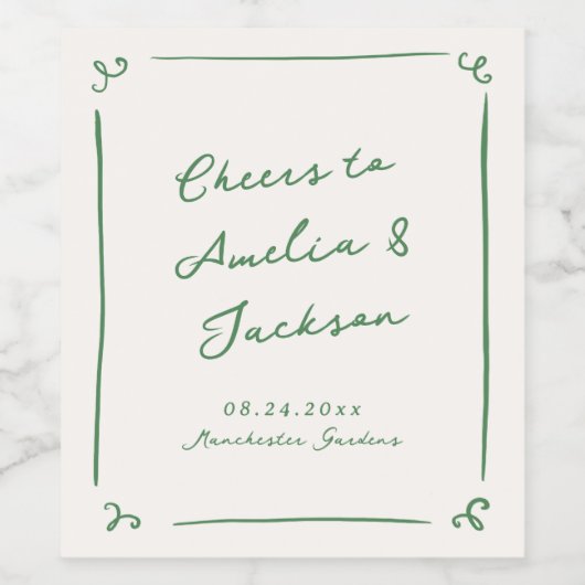 Whimsical Hand getrokken groene bruiloft Wijn Etiket (Enkel label)