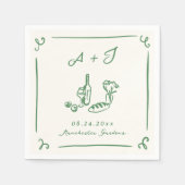 Whimsical Hand getrokken Groene Eten & Wijnbruilof Servet (Voorkant)