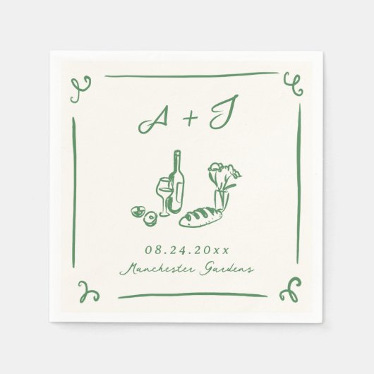 Whimsical Hand getrokken Groene Eten & Wijnbruilof Servet (Voorkant)
