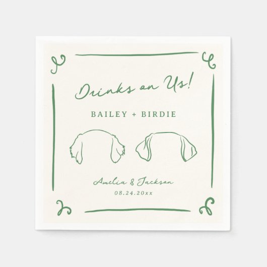 Whimsical Hand Getrokken Groene Hond Oren Servet (Voorkant)