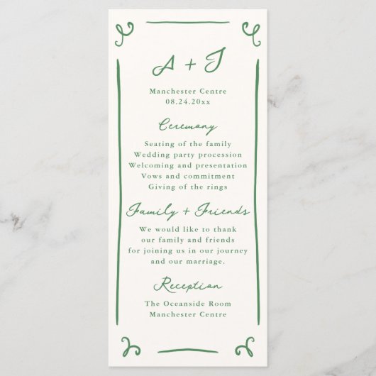 Whimsical Hand getrokken Groene Huwelijksprogramma Menu (Voorkant)