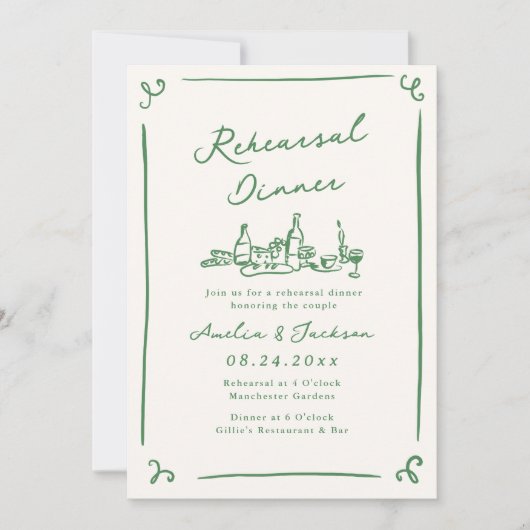 Whimsical Hand getrokken Groene repetitie diner Kaart (Voorkant)