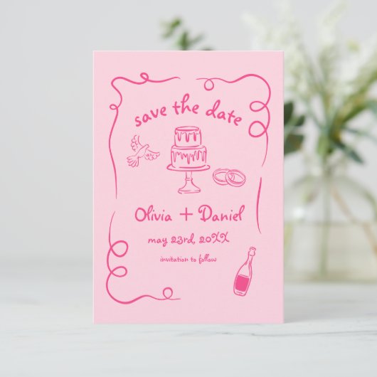 Whimsical Hand getrokken Hot Pink bruiloft foto Save The Date (Staand voorkant)