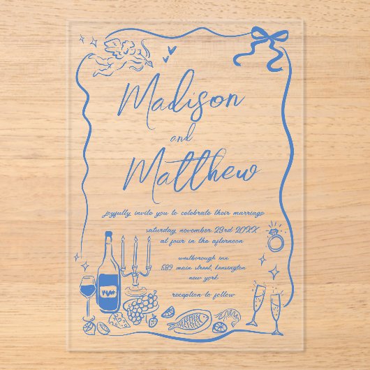 Whimsical Hand getrokken illustraties Doodles brui Acryl Uitnodigingen (Voorkant)