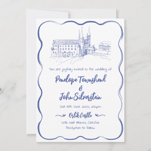 Whimsical Hand getrokken Kasteel Illustratie Huwel Kaart (Voorkant)