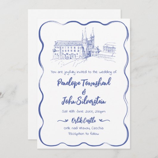 Whimsical Hand getrokken Kasteel Illustratie Huwel Kaart (Voorkant / Achterkant)