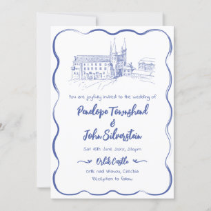 Whimsical Hand getrokken Kasteel Illustratie Huwel Kaart