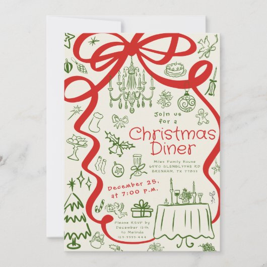 Whimsical Hand getrokken kerst diner uitnodiging (Voorkant)