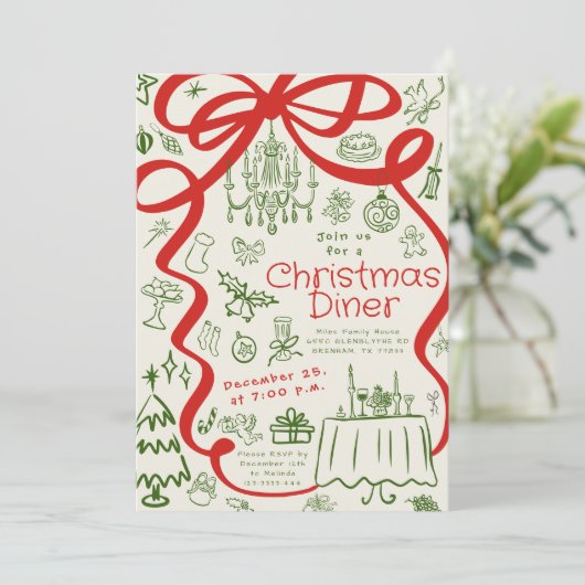 Whimsical Hand getrokken kerst diner uitnodiging (Staand voorkant)