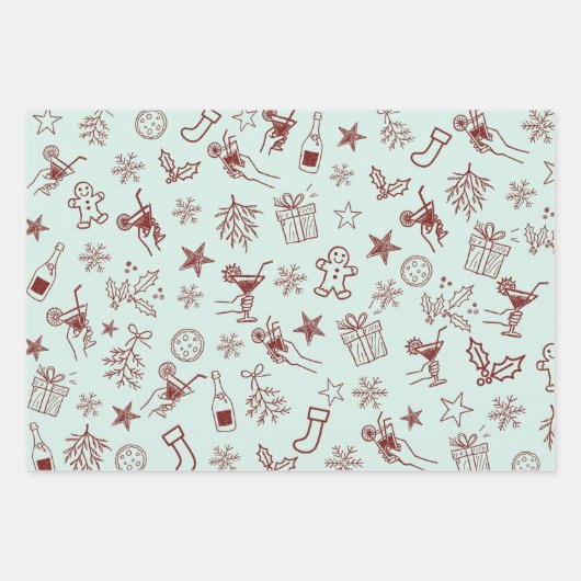 Whimsical Hand getrokken Kerst Doodles Patroon Inpakpapier Vel (Voorkant 3)