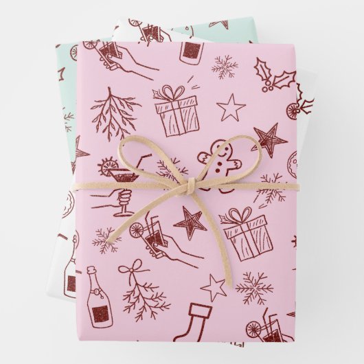 Whimsical Hand getrokken Kerst Doodles Patroon Inpakpapier Vel (In situ)