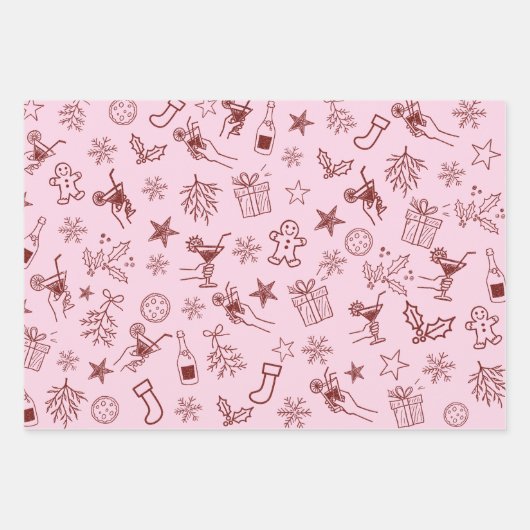 Whimsical Hand getrokken Kerst Doodles Patroon Inpakpapier Vel (Voorkant)