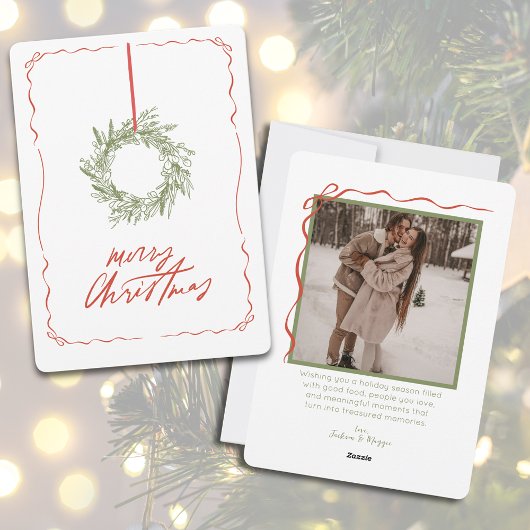 Whimsical Hand getrokken Krans Foto Kerstmis Feestdagenkaart