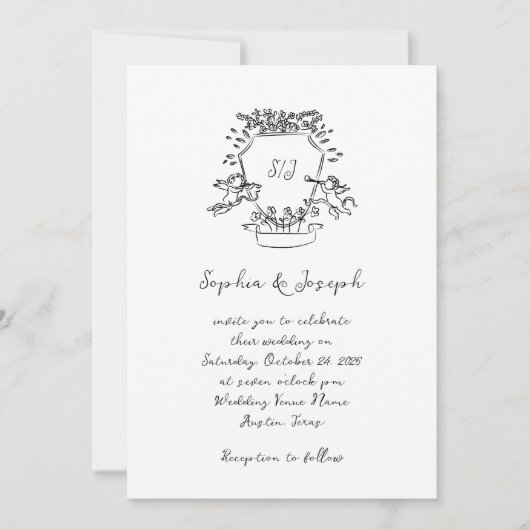 Whimsical Hand getrokken kuif met Monogram | Bruil Kaart (Voorkant)