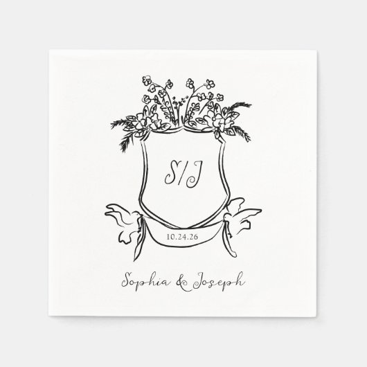 Whimsical Hand getrokken kuif met Monogram bruilof Servet (Voorkant)