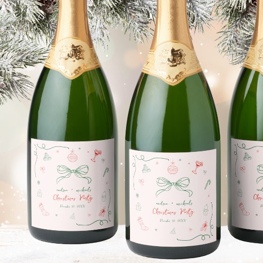 Whimsical Hand getrokken Leuke Franse kerstfeest Sparkling Wijnetiket