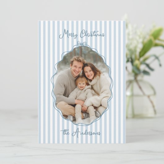 Whimsical Hand Getrokken Lijst Blauwe Strepen Feestdagenkaart (Staand voorkant)