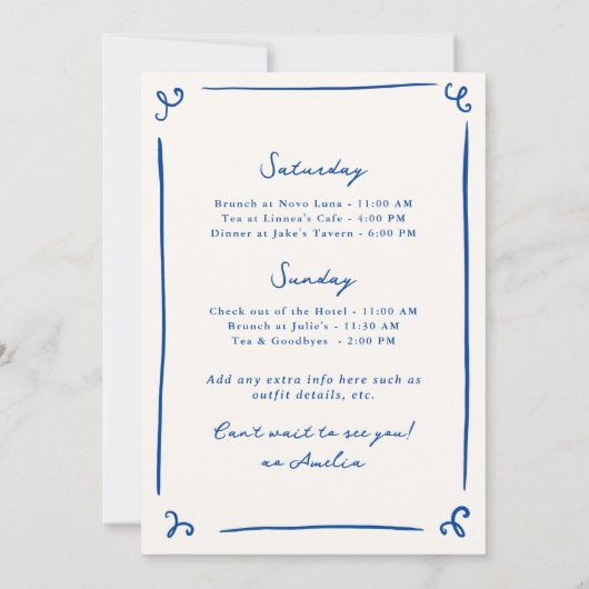 Whimsical Hand getrokken Navy Blue Bach reisschema Kaart (Achterkant)