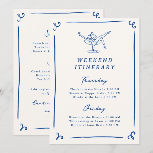 Whimsical Hand getrokken Navy Blue Bach reisschema Kaart (Voorkant / Achterkant)