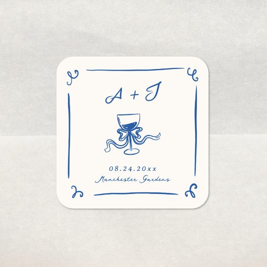 Whimsical Hand getrokken Navy Blue Bow bruiloft Vierkante Sticker