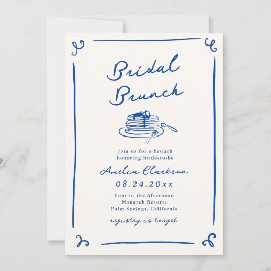 Whimsical Hand Getrokken Navy Blue Bridal Brunch Kaart (Voorkant)