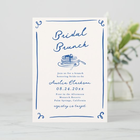 Whimsical Hand Getrokken Navy Blue Bridal Brunch Kaart (Staand voorkant)