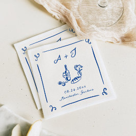 Whimsical Hand getrokken Navy Food & Wijn bruiloft Servet