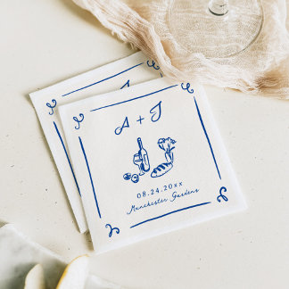 Whimsical Hand getrokken Navy Food & Wijn bruiloft Servet