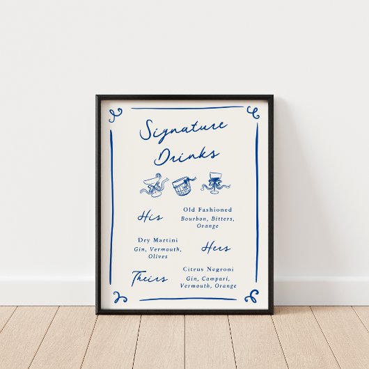 Whimsical Hand getrokken Navy Signature Drinken Poster
