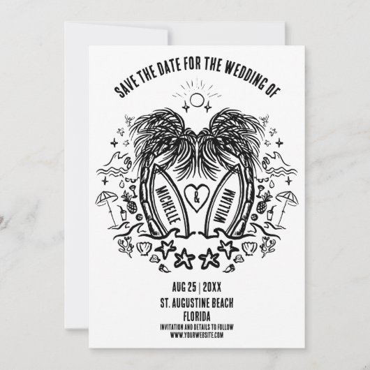 Whimsical Hand getrokken Palm Beach Doodle bruilof Save The Date (Voorkant)