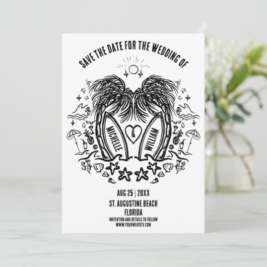 Whimsical Hand getrokken Palm Beach Doodle bruilof Save The Date (Staand voorkant)