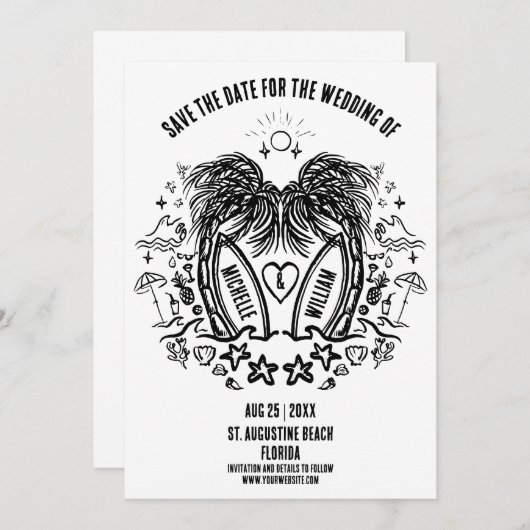 Whimsical Hand getrokken Palm Beach Doodle bruilof Save The Date (Voorkant / Achterkant)