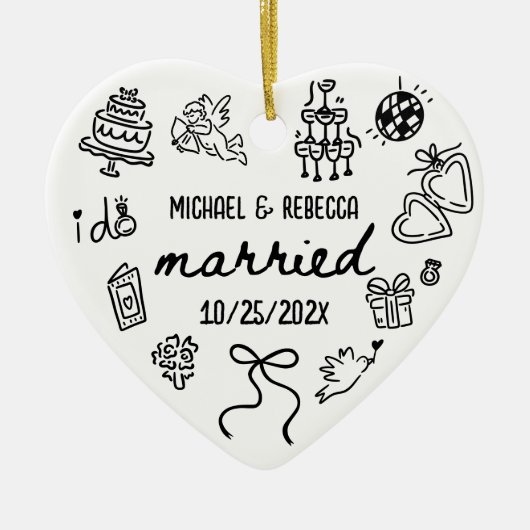 Whimsical Hand getrokken Pas getrouwd eerste kerst Keramisch Ornament (Voorkant)