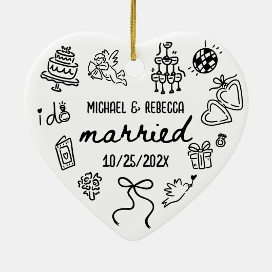 Whimsical Hand getrokken Pas getrouwd eerste kerst Keramisch Ornament (Achterkant)