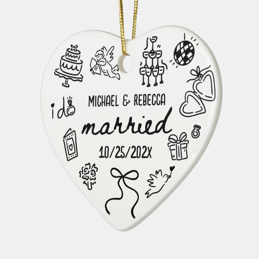 Whimsical Hand getrokken Pas getrouwd eerste kerst Keramisch Ornament (Links)