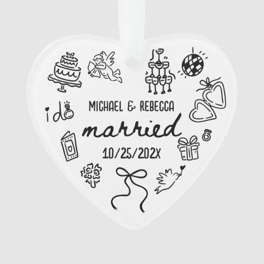 Whimsical Hand getrokken Pas getrouwd eerste kerst Ornament (voorkant)