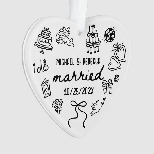 Whimsical Hand getrokken Pas getrouwd eerste kerst Ornament (voorkant)