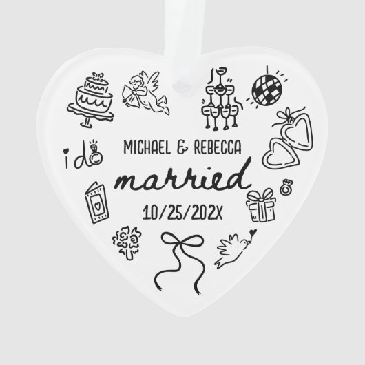 Whimsical Hand getrokken Pas getrouwd eerste kerst Ornament (achterkant)