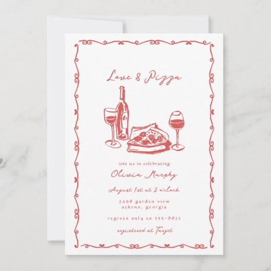 Whimsical Hand getrokken Pizza & Wijn Vrijgezellen Kaart (Voorkant)